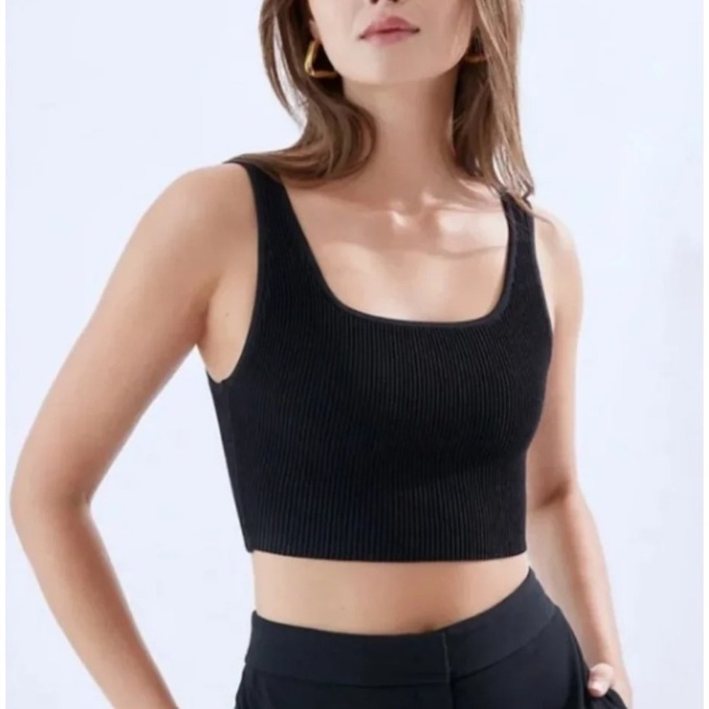 Aritzia Babaton Sculpt Knit Cropped Tank Top Black Square Neck Ribbed XS 69738